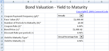 bond maturity yield spreadsheet valuation input coupon finance values payment spreadsheetml
